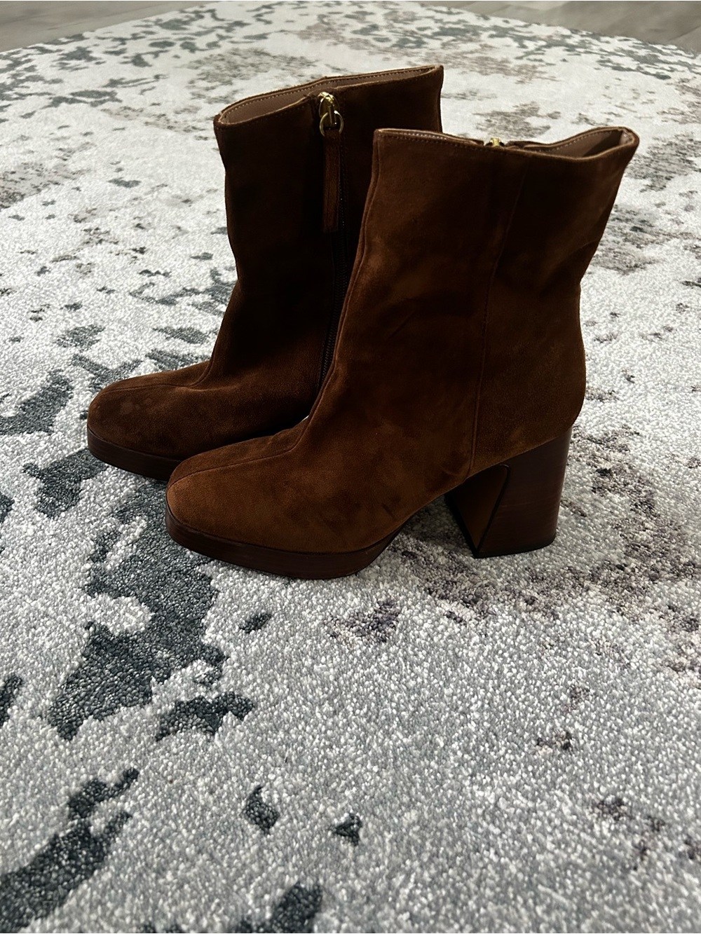 Brown Suede Platform Block Heel Ankle Boots